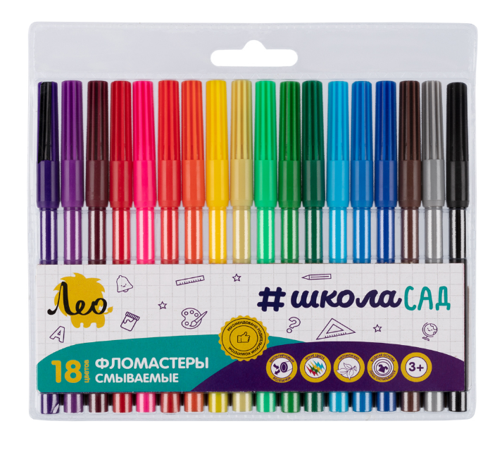 Фломастеры 18 цв. Лео "ШколаСад", смываемые, вент. колп., пвх чехол, е/п