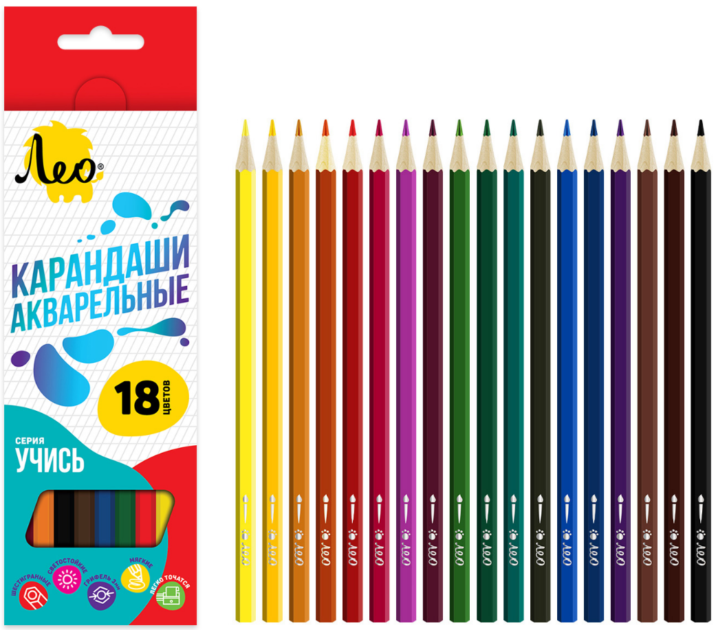 Карандаши акварельн. 18 цв. Лео "Учись" шестигр., заточ., к/к