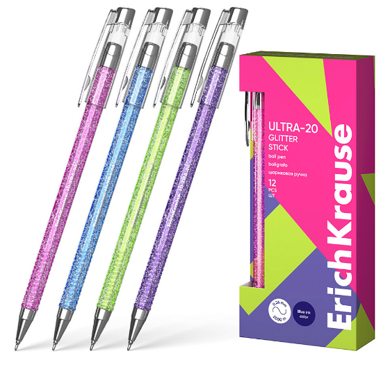 Ручка шарик. ErichKrause "Ultra-20 Glitter Stick" синяя, 0,7мм, линия 0,26мм, игольч., Super Glide, металл.наконечн., корпус с блестками, 1/12