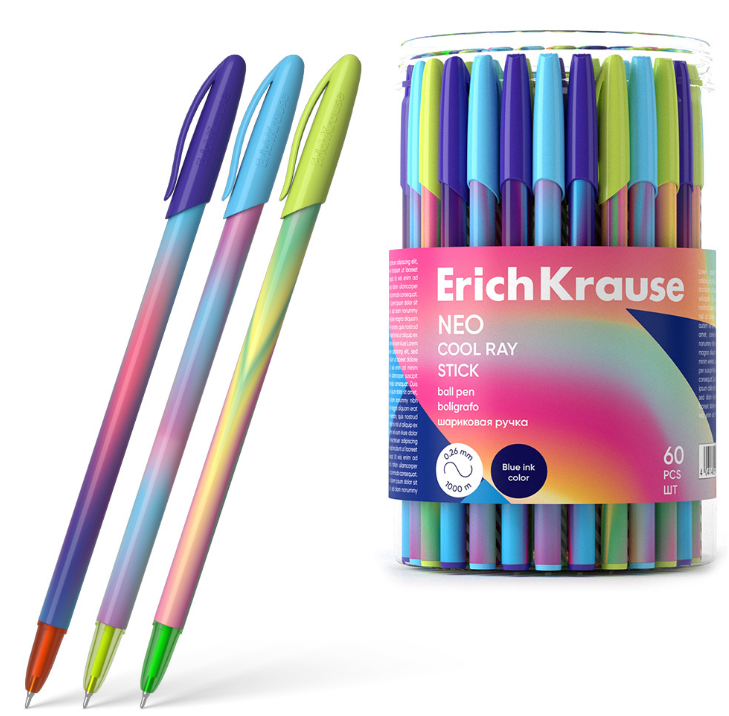 Ручка шарик. ErichKrause "Neo Stick Cool Ray" синяя, 0,7 мм, кругл.корпус ассорти, одноразовая