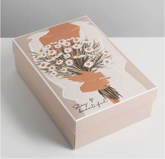 Коробка подарочная 30*20*9 "Ромашки" складная, бежевая