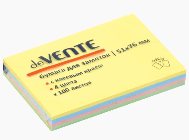Блок липкий 51 х  76 паст. 100л. 4 цв. deVENTE 75 г/м2
