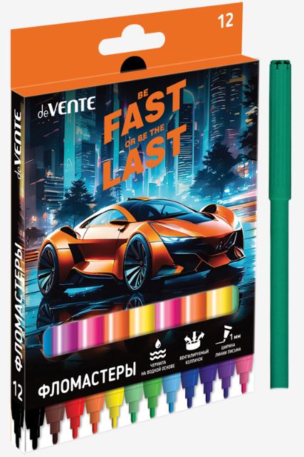 Фломастеры 12 цв. deVENTE "Fast Or Last" вент. колп., к/к, е/п