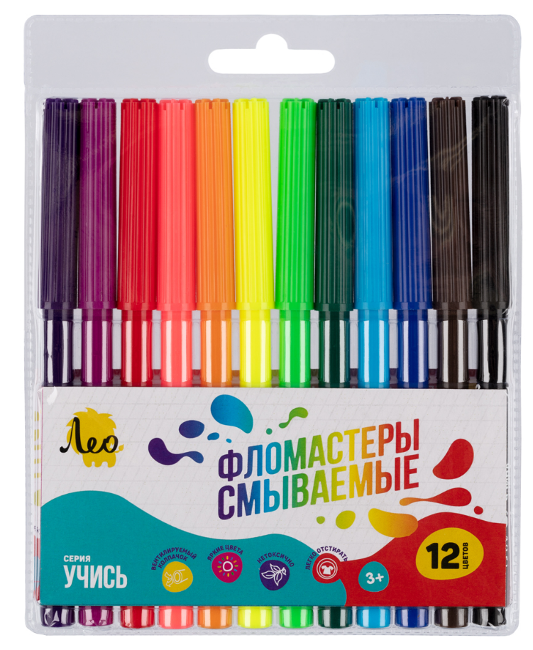 Фломастеры 12 цв. Лео "Учись", смываемые, вент. колп., пвх чехол, е/п