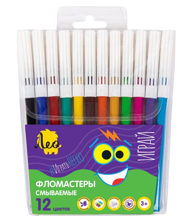 Фломастеры 12 цв. Лео "Играй", смываемые, вент. колп., пвх чехол, е/п