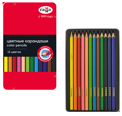 Карандаши 12 цв. Гамма квадр., заточ., метал.пенал