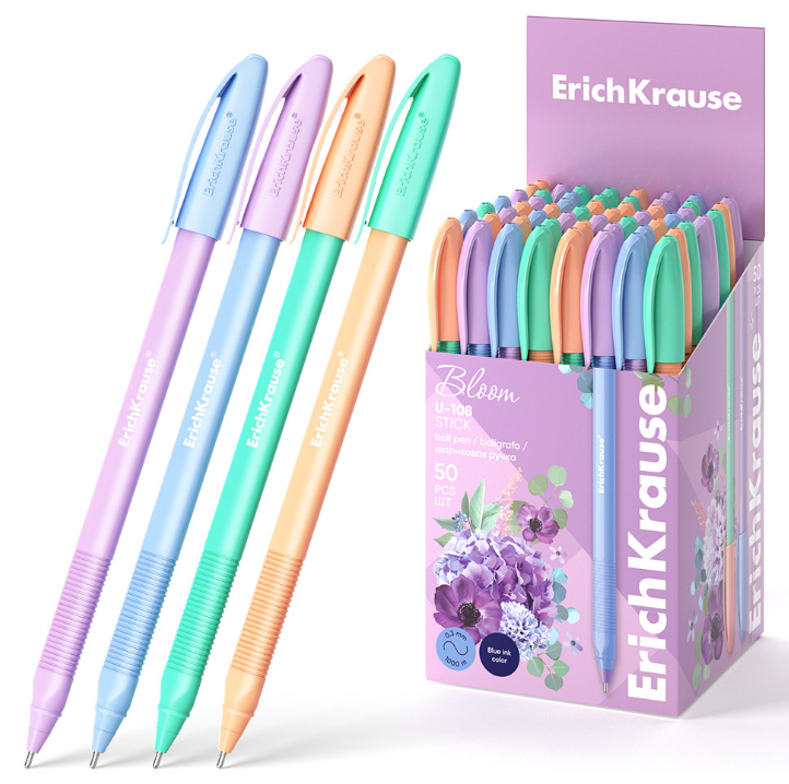 Ручка шарик. ErichKrause "U-108 Pastel Bloom Stick" синяя, 1,0 мм, игольч., грип., корпус пастель ассорти, одноразовая 1/50