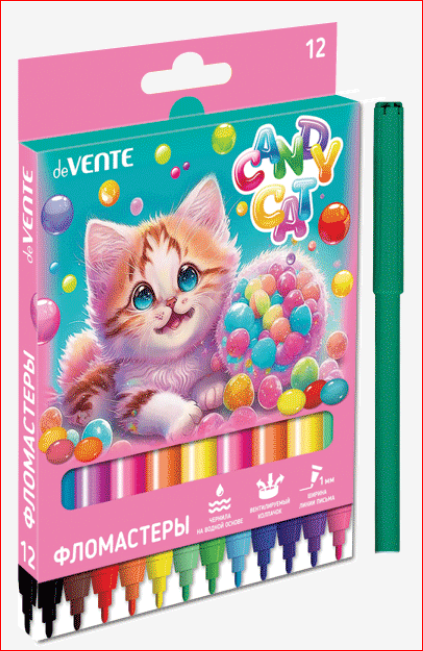 Фломастеры 12 цв. deVENTE "Candy Cat" вент. колп., к/к, е/п