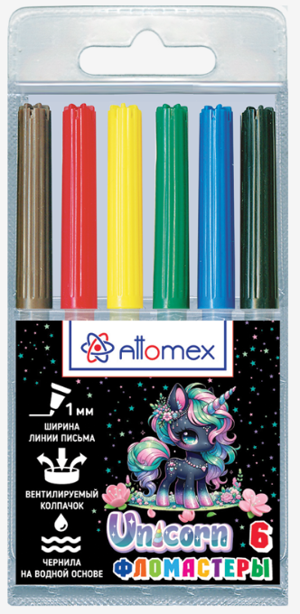 Фломастеры  6 цв. Attomex "Unicorn" вент. колп., блистер, е/п