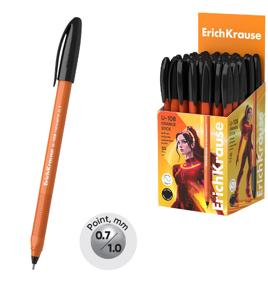 Ручка шарик. ErichKrause "U-108 Orange Stick" черная, 1,0 мм, игольч., грип., одноразовая