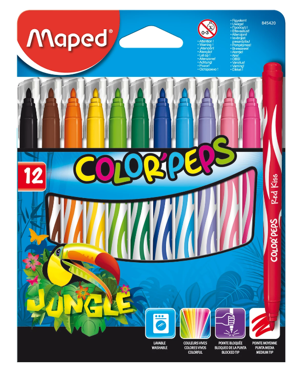 Фломастеры 12 цв. Maped "Color'Peps Jungle" смываемые, вент.колп., к/к, е/п