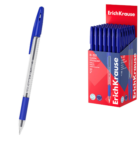 Ручка шарик. ErichKrause "R-301 Classic Stick&Grip" синяя, 1,0 мм, резин.грип., прозр. корпус, 1/50