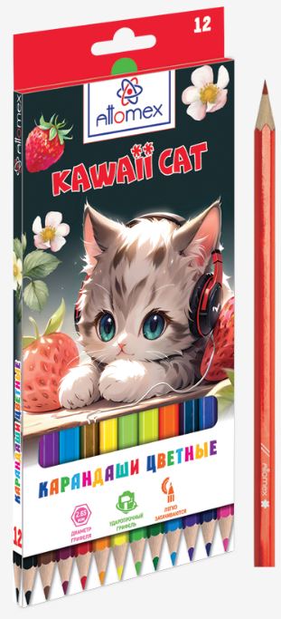 Карандаши 12 цв. Attomex М "Kawaii Cat" шестигр., заточ., к/к