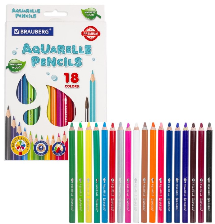 Карандаши акварельн. 18 цв. Brauberg "Premium" трехгр., заточ., к/к