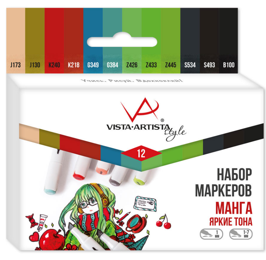 Маркеры двухстор.  12 цв. Vista-Artista "Style" Манга (Яркие тона) 0.7 мм - 7 мм перо круглое/скошенное