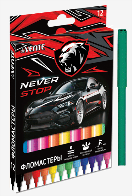 Фломастеры 12 цв. DeVente "Never Stop" вент. колп, к/к, е/п