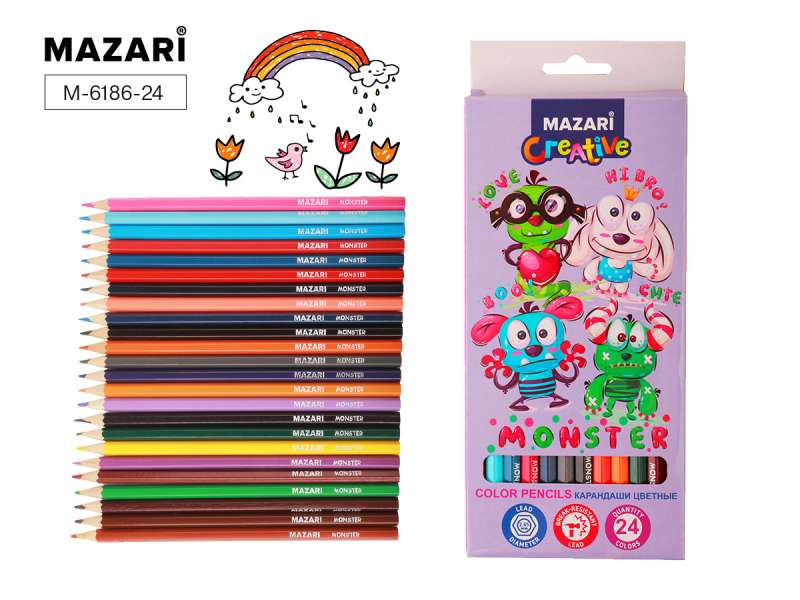 Карандаши 24 цв. Mazari "MONSTER" шестигр., заточ., к/к, е/п