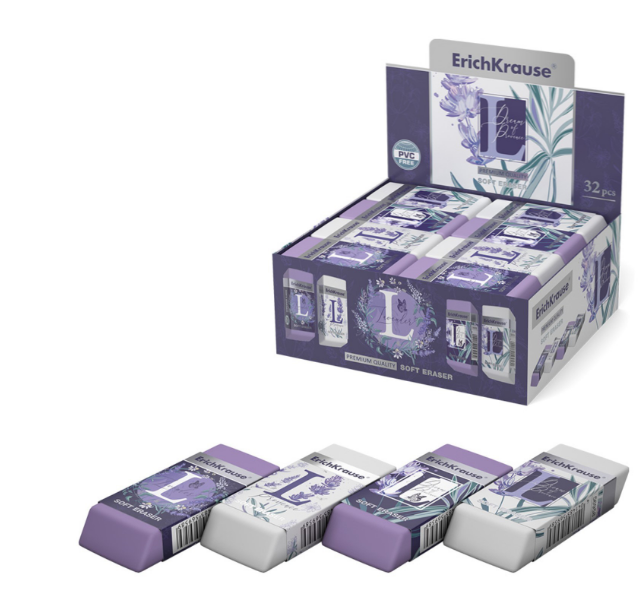 Ластик ErichKrause "Lavender" прямоуг., скош. края, TPR, 60*25*10мм, карт. держ., ассорти