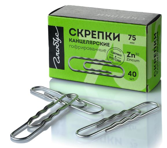 Скрепки канц. 75 мм 40 шт. гофрир. оцинк. Глобус к/к