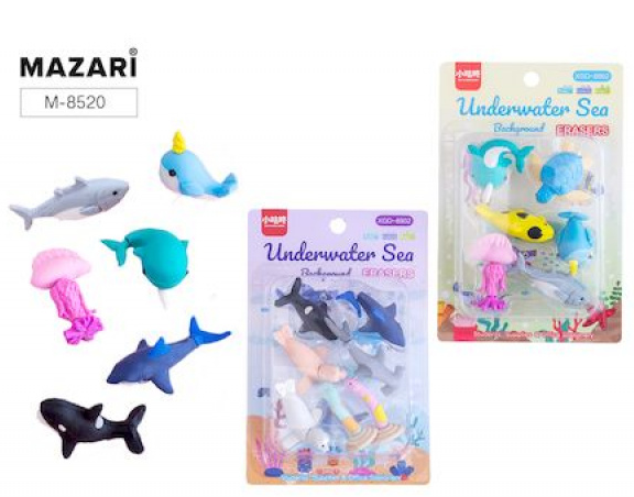 Ластики детские 6 шт. в наборе Mazari "Underwater Sea" фигурные, блистер