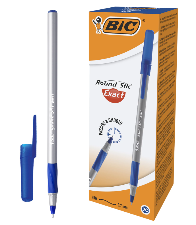 Ручка шарик. BIC "Round Stick Exact" синяя, 0,7мм, линия 0,28 мм, игольч., резин.грип., корпус серый, одноразовая, 1/20 