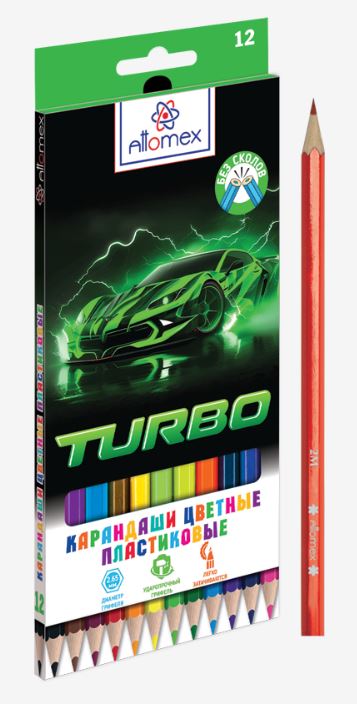 Карандаши 12 цв.  пластик. Attomex 2М "Turbo" шестигр., заточ., к/к