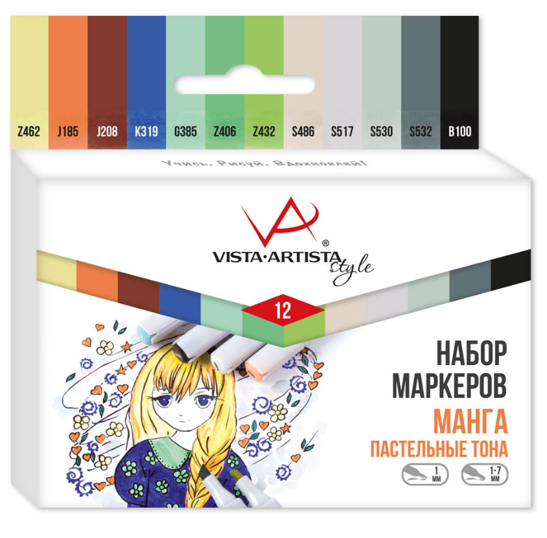 Маркеры двухстор.  12 цв. Vista-Artista "Style" Манга (Пастельные тона) 0.7 мм - 7 мм перо круглое/скошенное