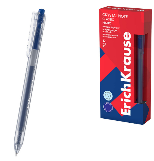Ручка гелевая  авт. ErichKrause "Crystal Note Classic" синяя, 0,5мм, кнопочн. механизм