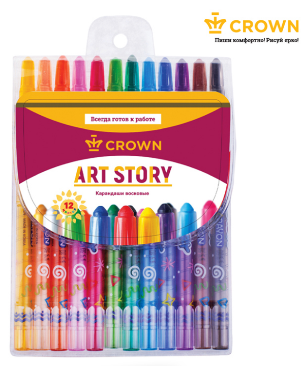 Мелки воск. выдвижные 12 цв. Crown "ArtStory" пласт.корпус ПВХ