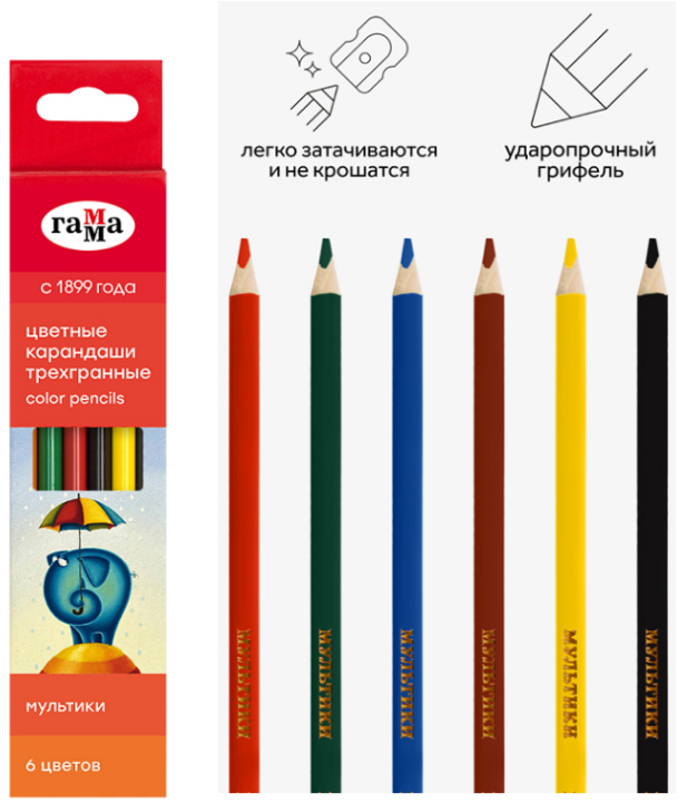 Карандаши  6 цв. Гамма "Мультики" трехгр., заточ., к/к