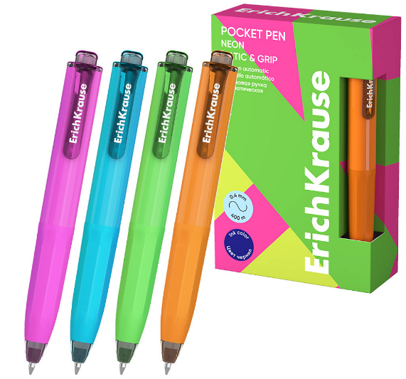 Ручка шарик. авт. ErichKrause "Poсket Pen Matic&Grip Neon" синяя, 0.5 мм, мини, кнопочн. механизм, к/к