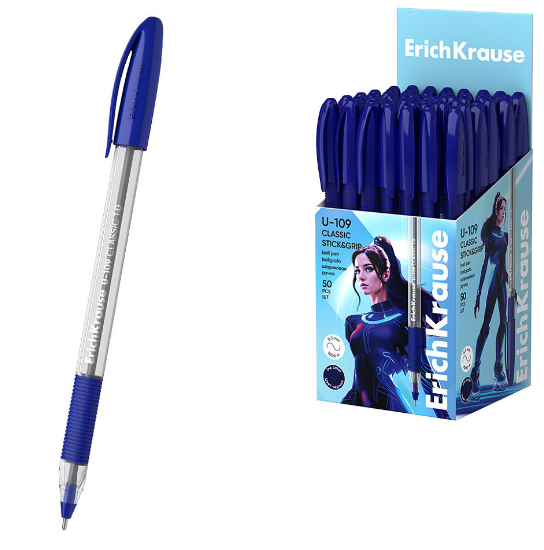 Ручка шарик. ErichKrause "U-109 Classic Stick&Grip" синяя, 1,0 мм, игольч., трехгр., резин.грип, 1/50