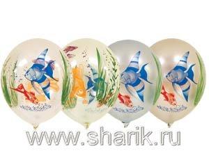 Шар с рисунком 14" Шелкография, пастель "Аквариум" ассорти