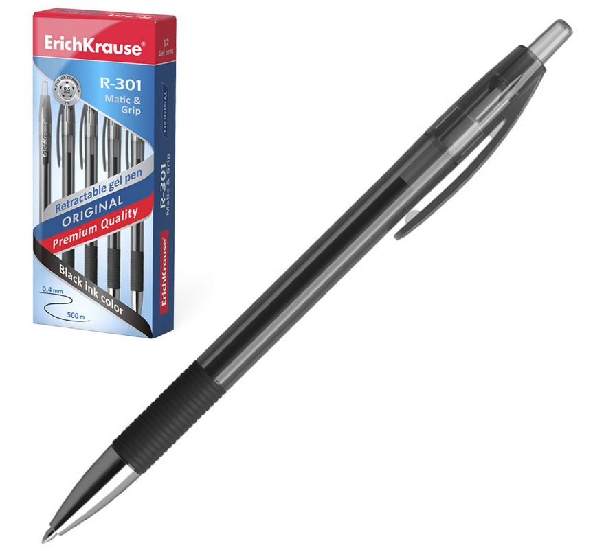 Ручка гелевая  авт. ErichKrause "R-301 Original Gel Matic and Grip" черная, 0.5 мм, тонир.корп, резин.грип, клип.