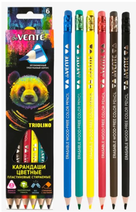 Карандаши  6 цв.  пластик. deVENTE 2М "Triolino. Erase" стираемые, трехгр., заточ., к/к