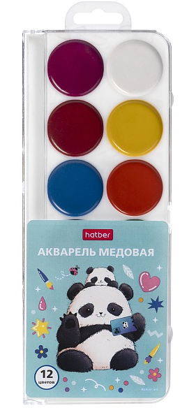 Краски 12 цв. акв. медов. Хатбер "Плюшевые панды" б/к, е/п