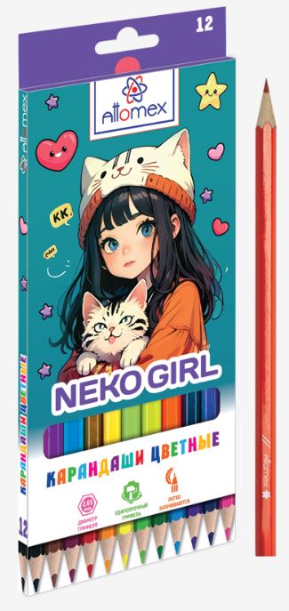 Карандаши 12 цв. Attomex М "NekoGirl" шестигр., заточ., к/к