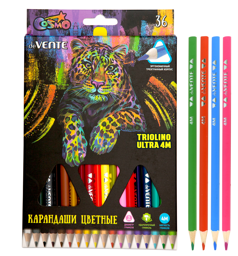 Карандаши 36 цв. deVENTE 4М "Trio Mega Soft" трехгр., заточ., к/к вельвет-тач