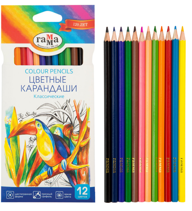 Карандаши 12 цв. Гамма "Классические" шестигр., заточ., к/к, е/п