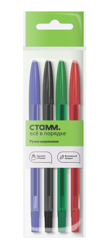 Ручки шарик.  4 цв. СТАММ "111" 1,0 мм, линия 0,7, стержень 135 мм, тониров. корпус, е/п