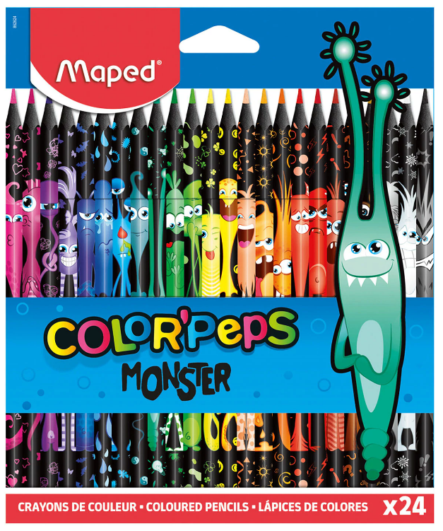 Карандаши 24 цв.  пластик. Maped "ColorPeps Black Monster" трехгран., заточ., к/к, е/п