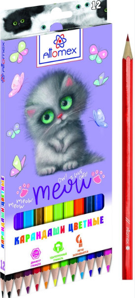 Карандаши 12 цв. Attomex М "Meow Cat" шестигр., заточ., к/к