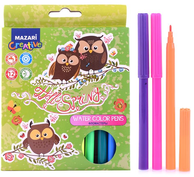 Фломастеры 12 цв. MAZARI "HELLO SPRING" вент.колп.,ПВХ-упак