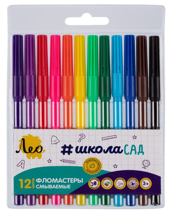 Фломастеры 12 цв. Лео "ШколаСад", смываемые, вент. колп., пвх чехол, е/п
