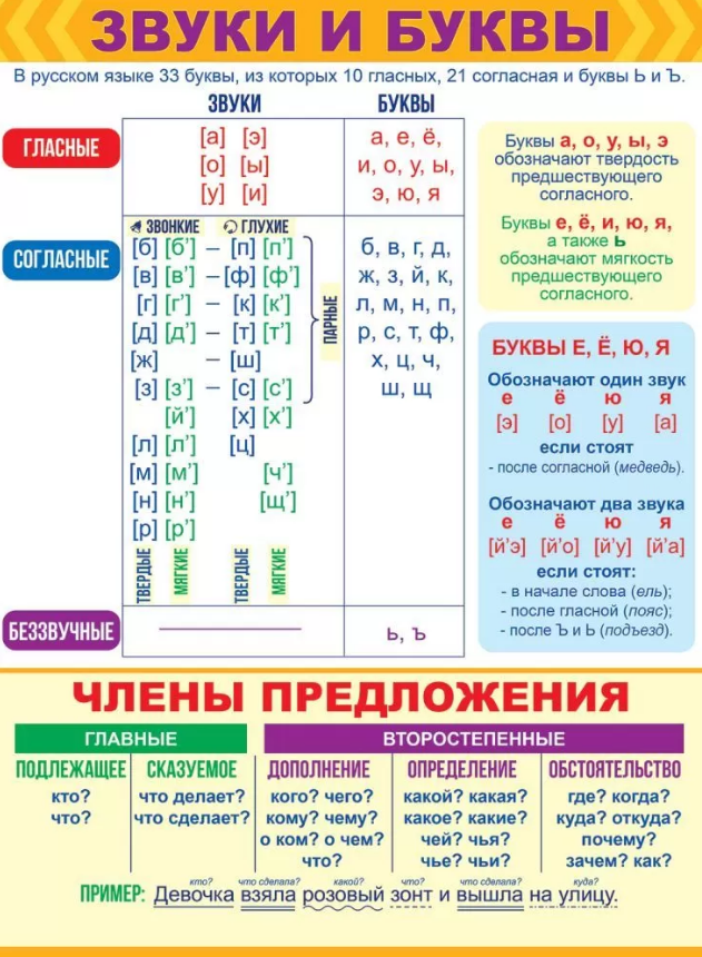 Плакат "Звуки, буквы и члены предложения" А2