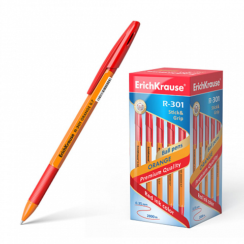 Ручка шарик. ErichKrause "R-301 Orange Stick&Grip" красная, 0,7мм, оранжевый корп., резин.грип., колпачок