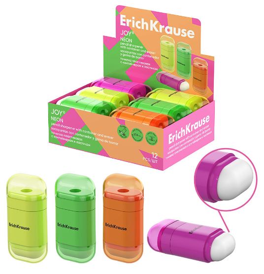 Точилка с контейнером  ErichKrause "JOY Neon" с ластиком, ассорти