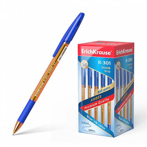 Ручка шарик. ErichKrause "R-301 Amber Stick&Grip" синяя, 0,7 мм, тонир. оранж. корпус, резин.грип. 1/50