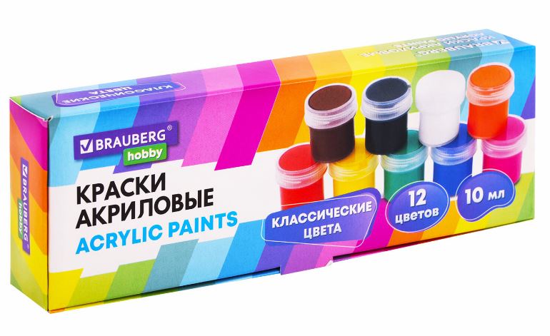 Краски акрил. 12 цв. Brauberg "HOBBY" баночки 10мл.