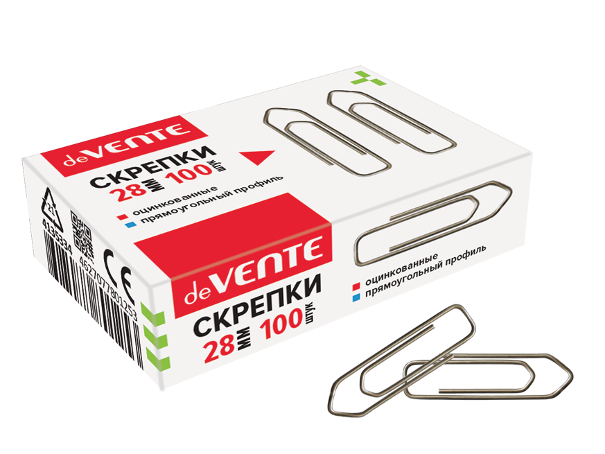 Скрепки канц. 28 мм 100 шт. оцинк. прямоуг. профиль deVENTE к/к